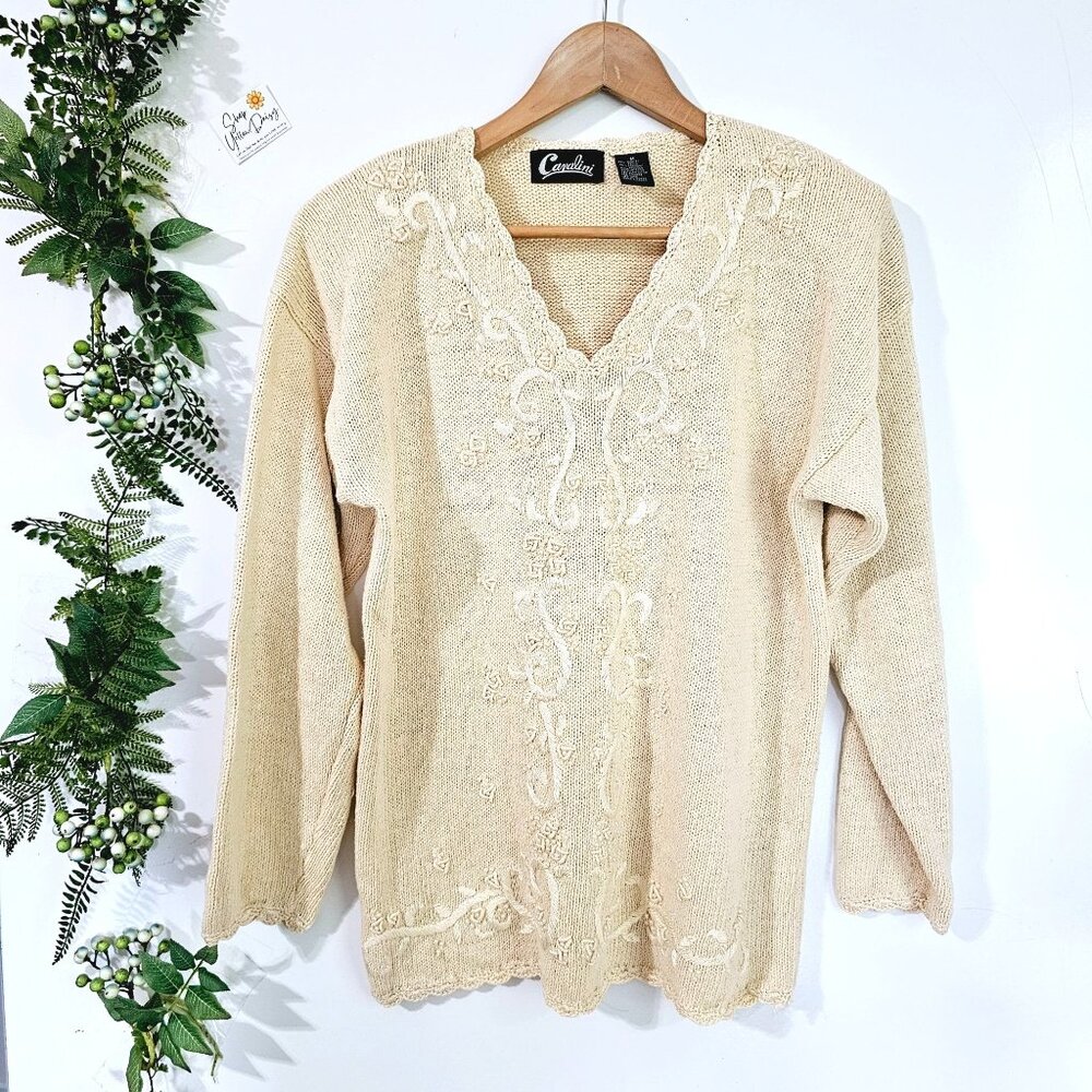 Vintage Cavalini Knit Sweater Cream Embroidered Pearl Beaded V-Neck Cottagecore